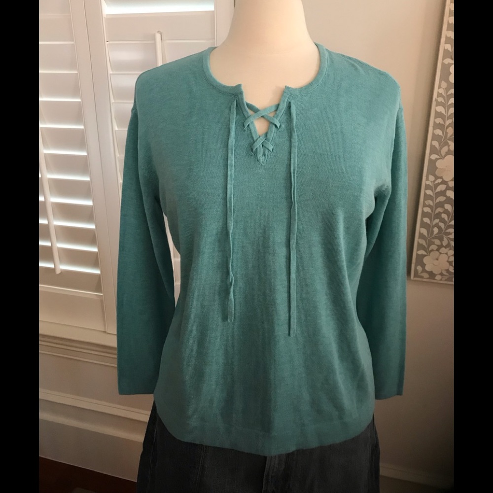 J. Jill Topaz Heather Lightweight Sweater with Front Lace-up Neck Detail NWTs